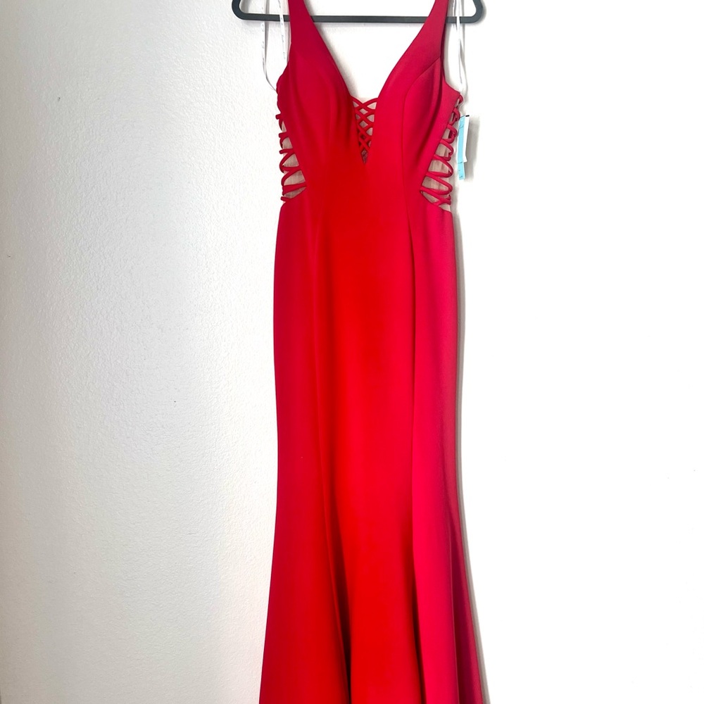 Camille La Vie Red Strappy Plunge Prom Gown